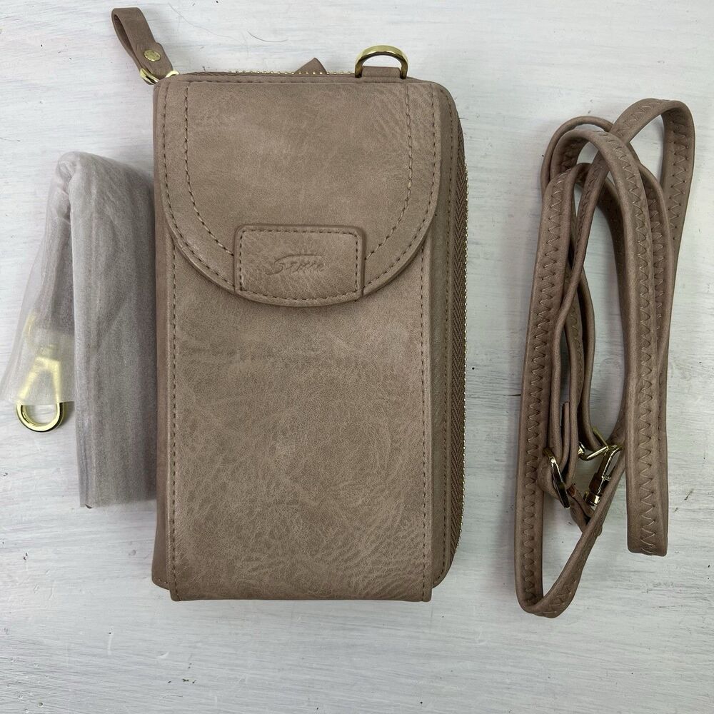Stone Faux Leather Crossbody Phone Wallet – Taupe – Zip Wallet Bag with Strap